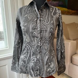 ETRO designer button down collared blouse. Size 44. Cotton black & white paisley